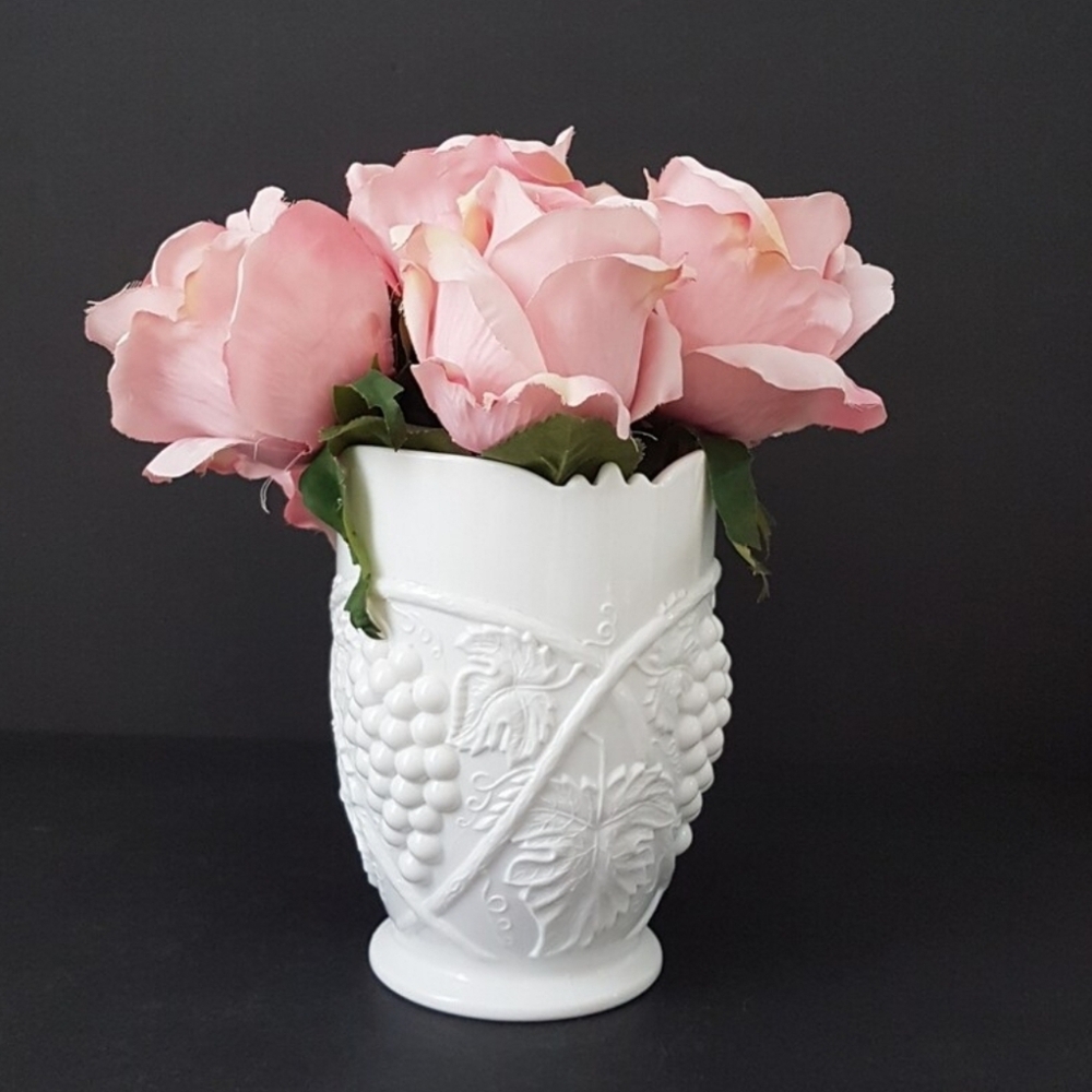 Imperial Milk Glass Vase: Raised Grape Pattern, Mid-Century Floral Decor,